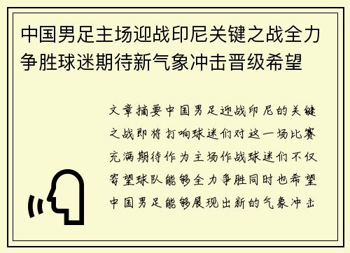 中国男足主场迎战印尼关键之战全力争胜球迷期待新气象冲击晋级希望